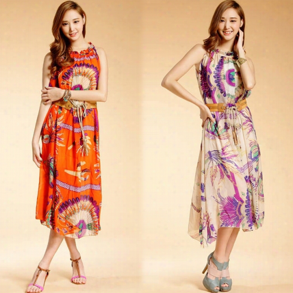 Koreanw Omen's Feathers Printing Sleeveless Chiffon Long Dress With Constraint