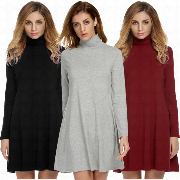 Meaneor Ladies Women Casual High Neck Long Sleeeve Solid Mini Sift Pleaetd Dress