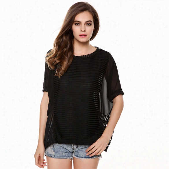 Meanoer Stylish Ladies Women Casual O-neck Bawting Sleeve Stitchinh  Loose Chiffon Shirt