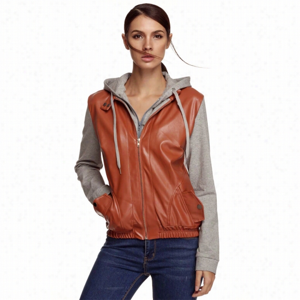 Meaneor Stylish Women Casual Pu Lleather Patchwork Layer Jacket Hooded Outerwear