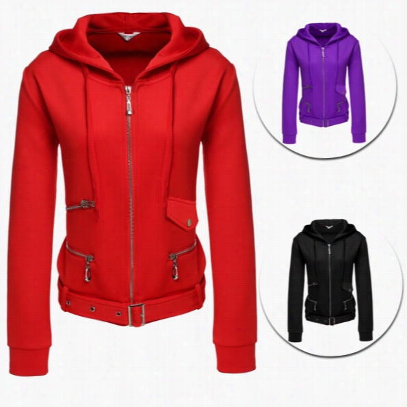 Meaneor Women Fashion Casual Hoodde Long Sleeve Solid Zip-up Hoodie Jacket