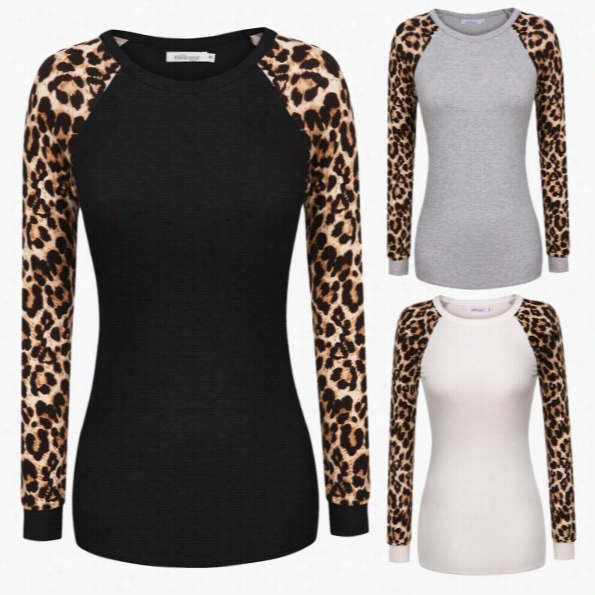 Meaneor Women  Fashion Casual Raglan Long Sleeve Lepard Patchwork T-shirt Blouse Tops