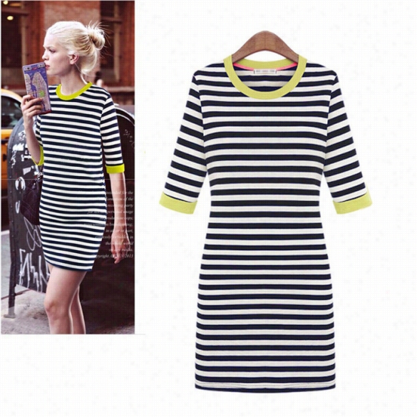 New Chid Black White Stripe Lady Half Rolled  Up Sleeve Show Thin Packet Buttock Pencil Dress