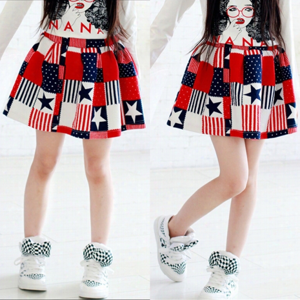 New Children Kids Girl's  Casu Al Elastic Waist Flag Printed Short A-li Ne Skirt