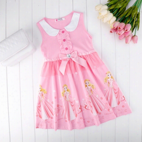 New Cute Sleeveless Girls Doll Collar Chara Cter Pattern Bo Wmesh Splicing Casuall Dress