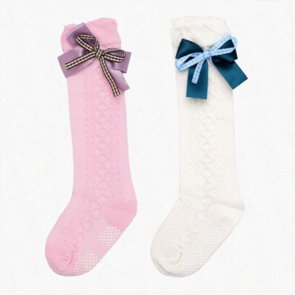 Newf Shion Arshiner Children Girls Cottoon Bowknot Solid Color Knee High Socks