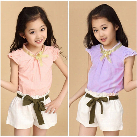 New Fashion Casual Kids G Irl's Short Cup Sleeve Elastic Waist To And Shorts Outfit Set