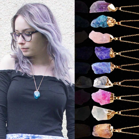 Unaccustomed Fashkon Women Hain Natural Gem Crystal Geometric Shape Pendant Sweater Necklace