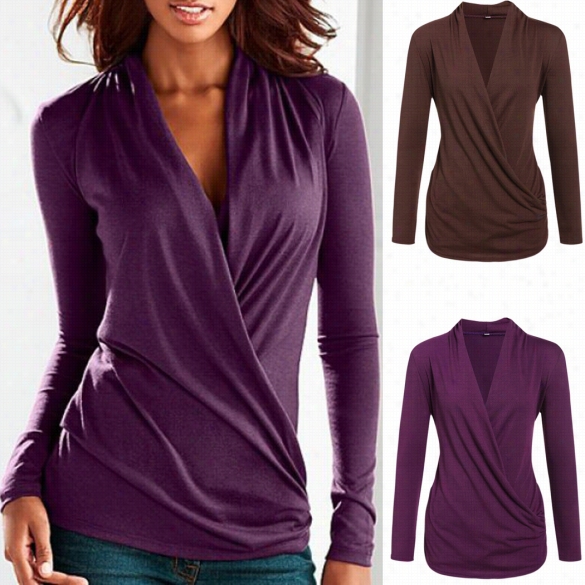 New Fashion Women Ruvhed V-neck Long Sleeve Solid Color T-shirt Top