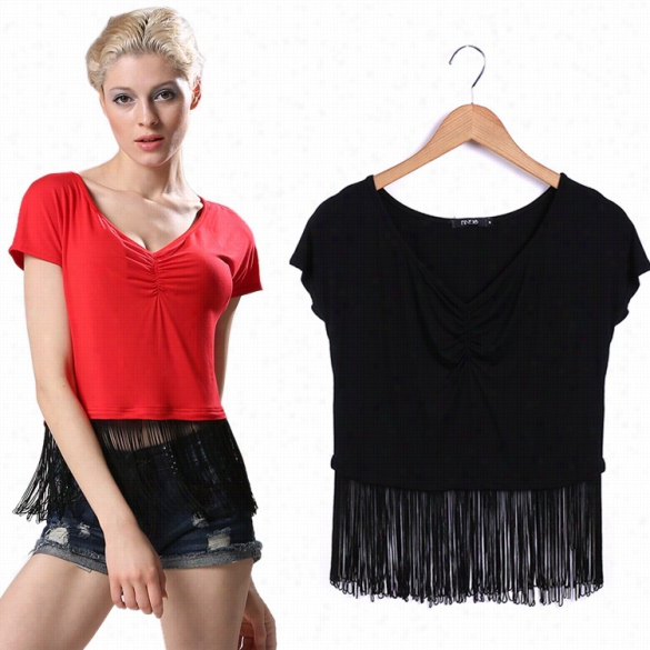 New Fashion Wwomen Sexy Casual T Shirt Fringe Stitching V  Neck Short Sleeve Solid Ttops