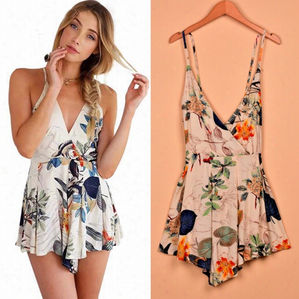 New Fashion Women Sexy V-neck Paghteti Strap Backless Print Casual Pleated Dress