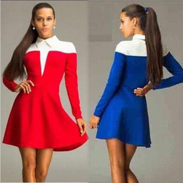 Unaccustomed Fashion Women Splicing Color Slender Turn-down Collar Girls Long Sleeve Casual Dress