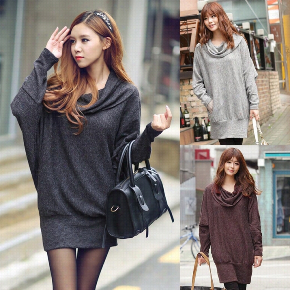 New Fashion Women's Batwing Sleeve Turtle-neck Casual Loose Pullover Dress