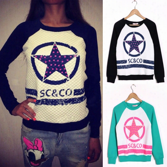 New Fashion Women's Casual Long Sleeve Star Printing Pullover Tops Sweatsshirt Hoody