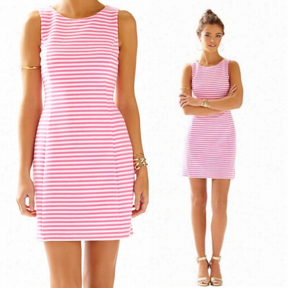 New Fashion Women's Striped Round Collar S Leevless Slim C Asual  Mini Dress