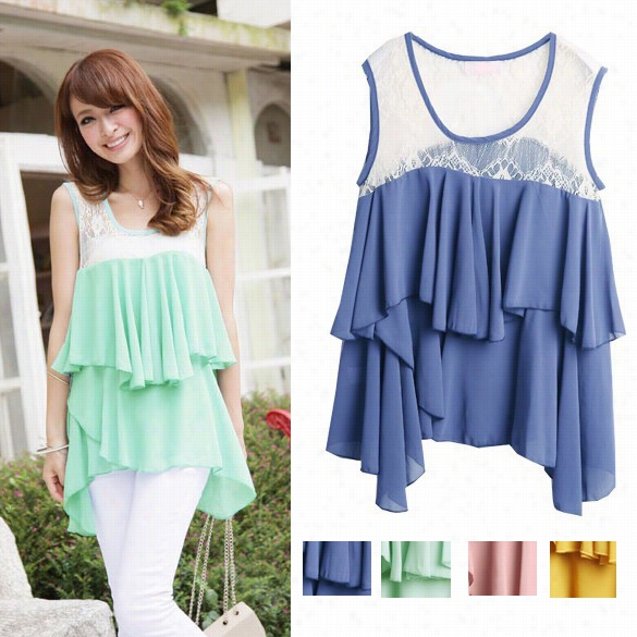 New Fashion Women's Top Sleeveless Lace Splicing Ciffon Blouse Shirt Irregular Hem 4 Colors