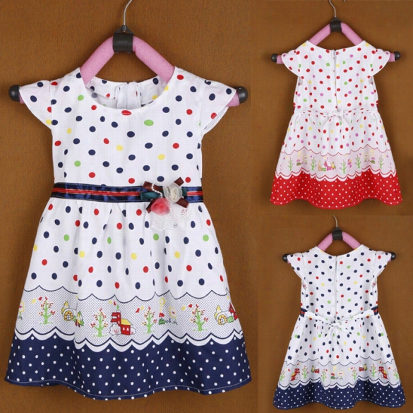 New Girl Kids Children's Wear Cap Sleeve O-neck Dots Printed Cute Ovely Casual Dress