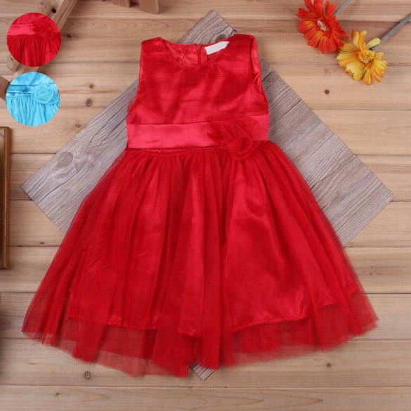 New Girls' Waer Sleeveless Cute Messh Patchwork Bow Sweet Dress With Corsage