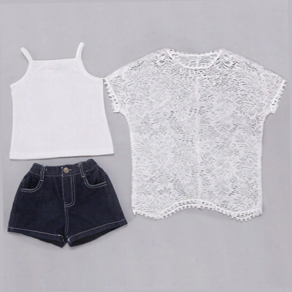 New Kids Baby Girls 3pcs Set Cool Lace Tos And Spaghetti Strap Tank Top With Shorts