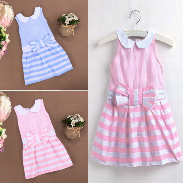 New Kidss Girl's Sweet Sunndress Doll Ne Ck Striped Bow   Decor Casual Pa Rty A-ine Dress 2-11y