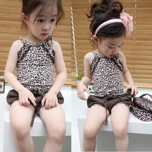 Unaccustomed Kids Grl' Wear Cute Strap Leopard Lace Decir Tank Tops Nd Shorts 2pcs Casual Ourfit Sets