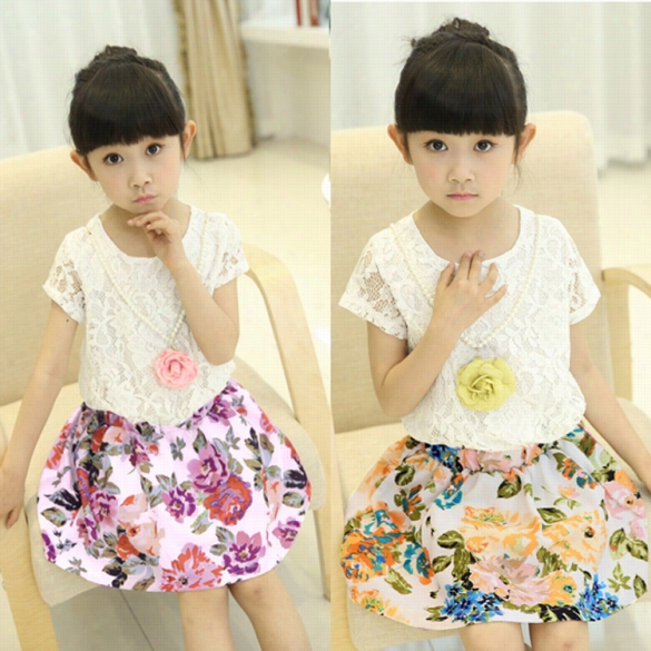 New Kids Girls Wear Fashion Shotr Sleeve T-shirt Tops Adn Skirt Two Pieces Set