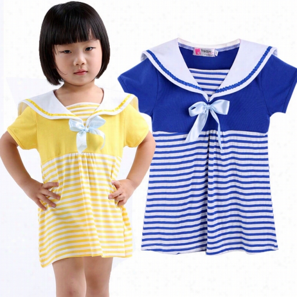 Ne W Kids Girl's Wear Short Sleeve Navy Collar Bowknot Stripe Sort Straight Pencil Get 