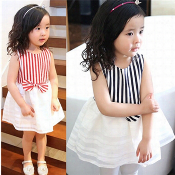 New Kids Girrl's Wear Sleeveless Organza Stripe Bowknot Knee -length Casual Dress