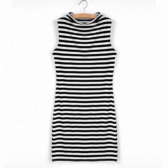 Starting A~ Lady Women Stand Collar Sleeveless Striped Tank Sundress Bodycon Casual Dress