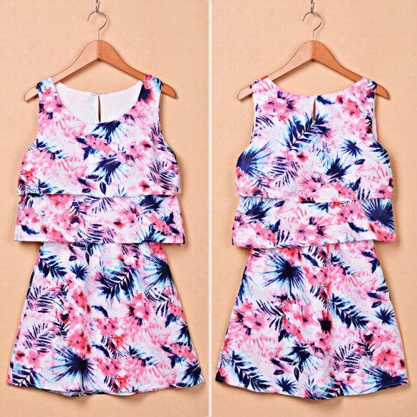 New Lady Women's Floral O-neck Sleeveless Hig H Waist Above Knee Mini Dress