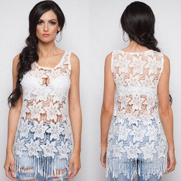 New La Dy Womenn's O-neck Sleeveless Lace Hollow Out Tassel Hem Tank Top