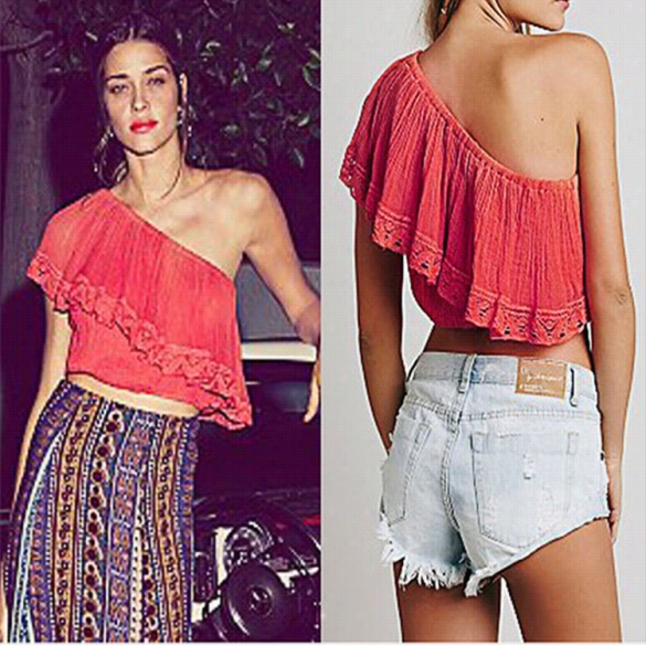 New Lad Y Wlmen's Sexy  Fashion Oblique Neck Ruffles One-shoulder Crop Top