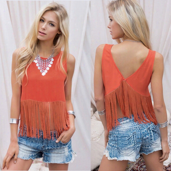 New Lady Women's Sexy O-neck Backless Tassel Paatchwork Chiffon Tank Top