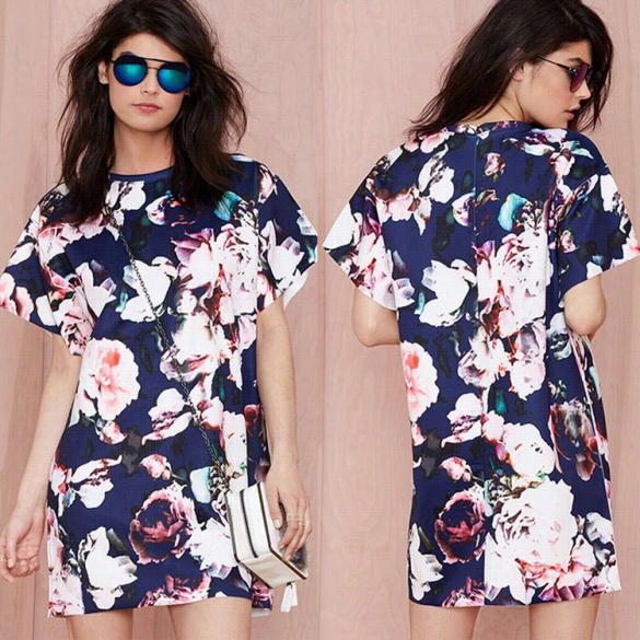 New Lady Women's Western Sty Le O-neck Short Sleeve Floral Print Loose Mini Dress