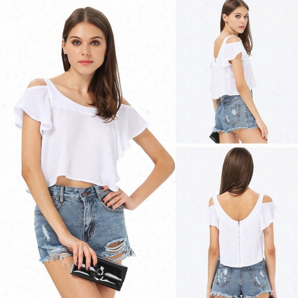 New Lady Women's White Off The Shoulder Butterf Ly Sledve Irregular Hem Vest Crop Predominate