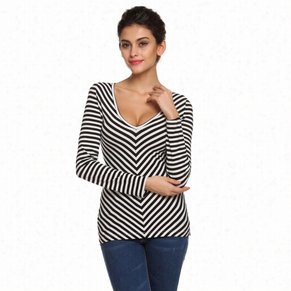 New Stylish Finejo Women Casual Long Sleeve V Neck Black And White Triped T-shirt Blouse