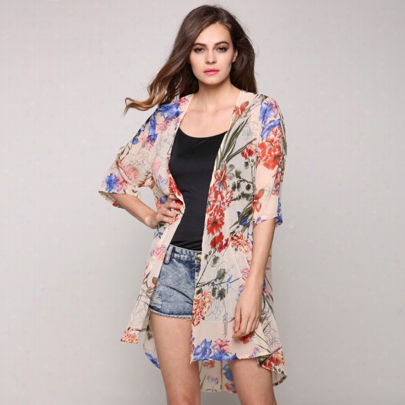 New  S Tylish Ladies Casual Chiffon Medium Sleeve Floralcardigan Outwear