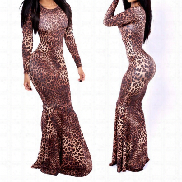 New Stylish Ladies Women Long S Leevee Leoparrd Sexy Fishtail Bodycon Slim Package Hip Mas Dress