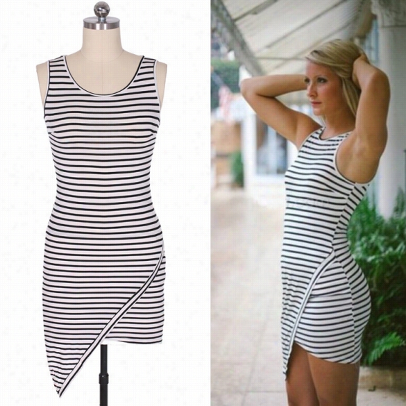 New Stylish Lady Women's Fashion Sleeveless O-neck Sexy Striped Irreggular Hem Slim Dress