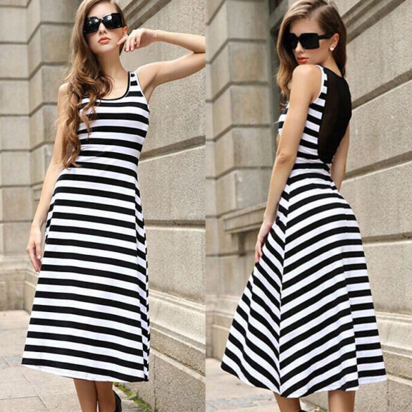 New Fashionable Lady Women's Fashion Sleevelesss Stripe A-line O-neck Sexy Chiffon Dress