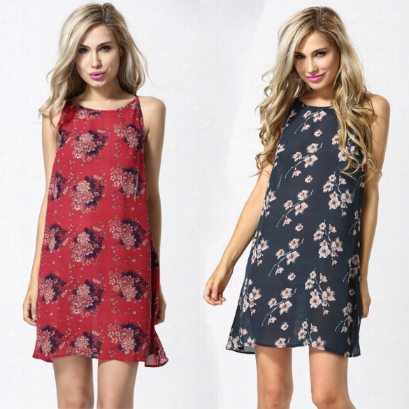 New Stylish Lady Wo Men's Sexy O-neck Sleeveless Print Loose Backless Chifon Dress