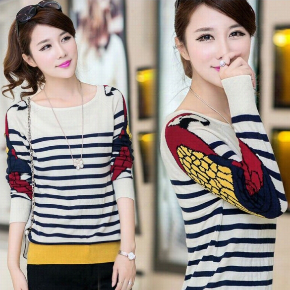 New Stylish Woomn O-neck Long Sleeve Stripe Pattern Sweater Shirt Blouse Tops