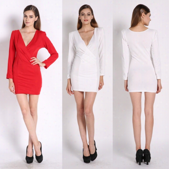 New Women Deep V-neck Long Sleeves Slim Bodycon Pencil Dress Sexy Mini Dresses