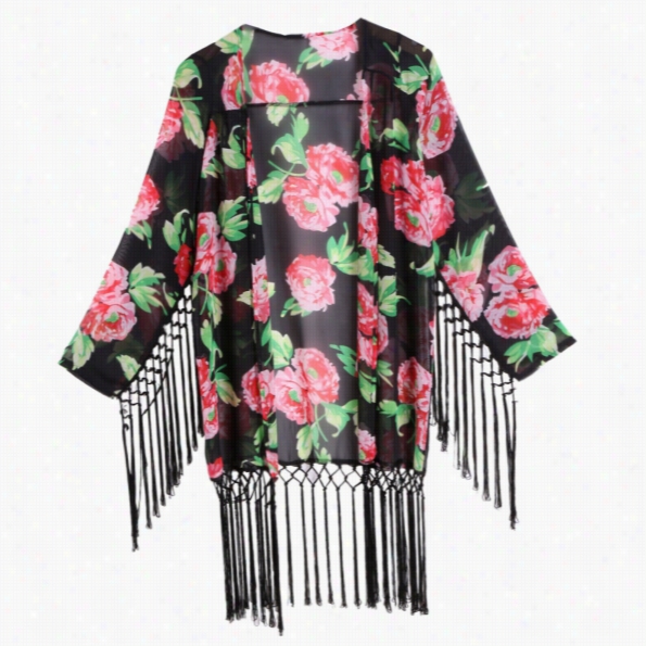 New Women Fashion Vinage Style Long Sleeve Chiffon Cardigan Long Oose Printed Blouse