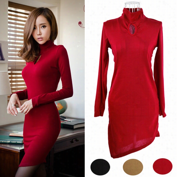 New Women's Casual Bevel Irregular Long Sleeve Dress Hollow Out In Chest