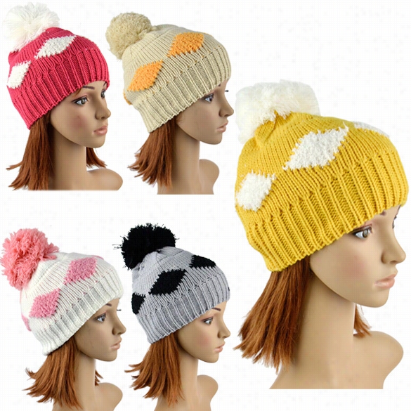 New Women's  Idamond Grid Attern Beniae Crochet Nit Winter Hat Large Ball Cap Ski