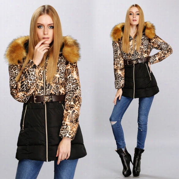 New Women's Winter Thick Leopard Print Removable Fur Collar Coat O Uterwear Parkas With Belt