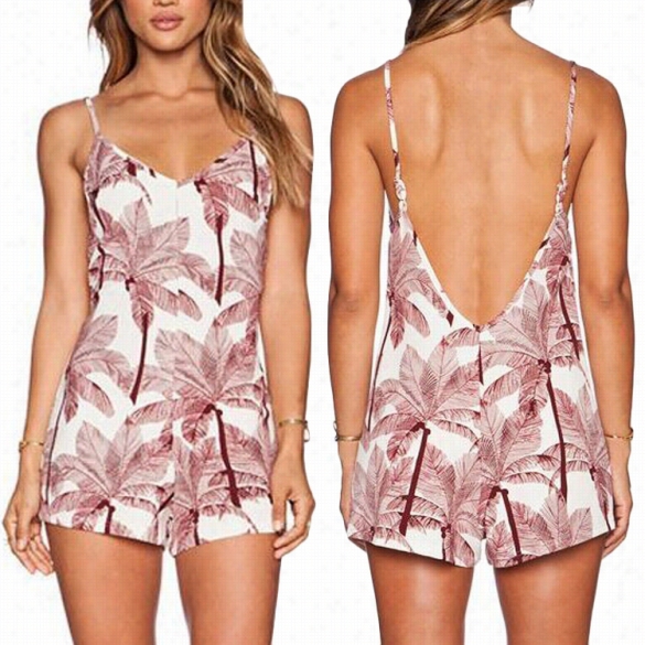 Sexy Ladies Women V Necks Paghetti Stra Pbackless Leaves Print Casal Short Jumpsuit