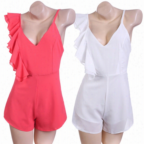 Sexy Women Chiffon Strap V-neck High Wait Jumpsuit Rufflles Backles S Shorts Mini Jumpsuit