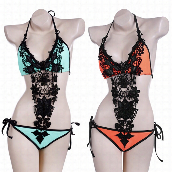 Sexy Women Crochet Lace Splice Halter One Piece Bikini Set Swimwear Swimduit